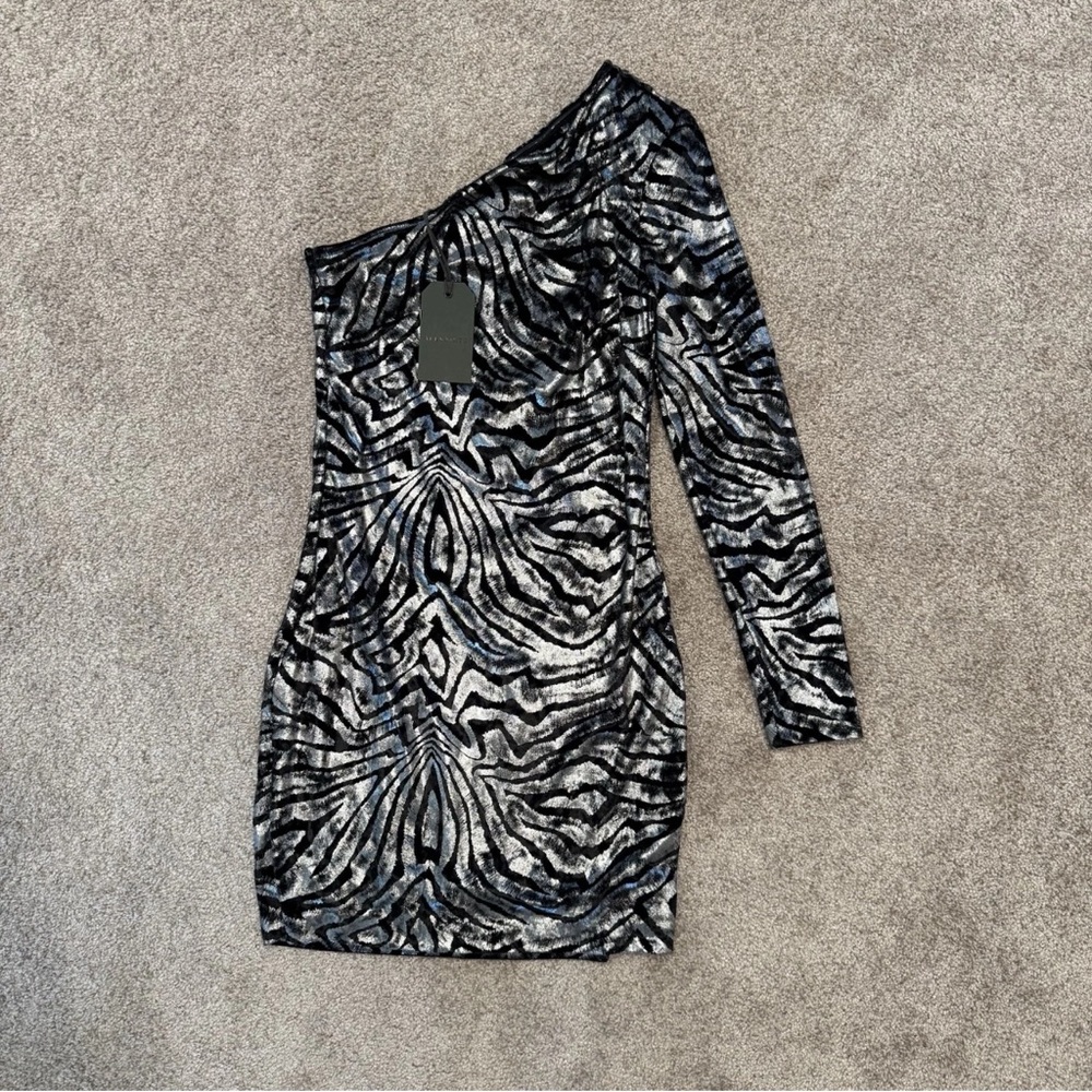 All Saints Women’s Size 2 Deri One Shoulder Zebra Print Mini Dress